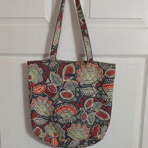 Vera Bradley Quilted Navy Floral Tote with Red and Light Green Accents